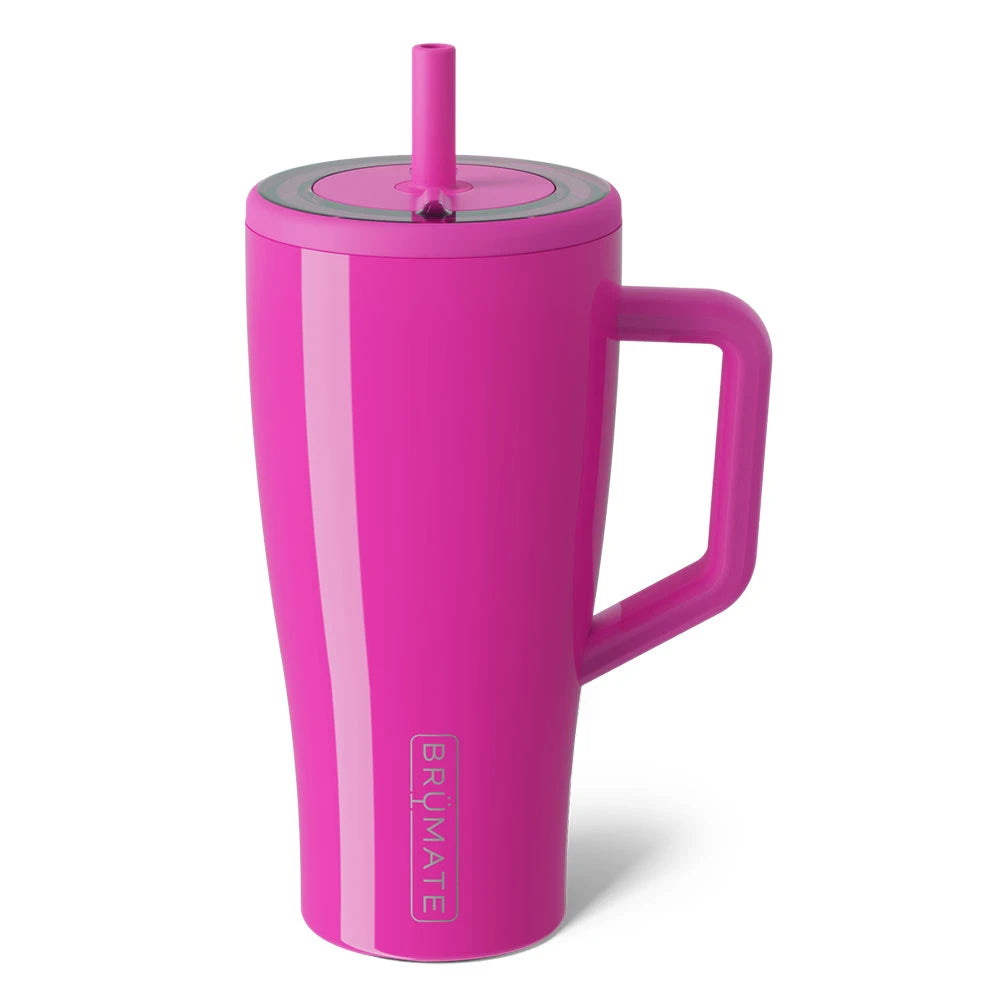 A bright pink insulated travel tumbler with a matching pink lid and straw, featuring a built-in handle and the vertical BRUMATE logo near the base, shown on a clean white background.