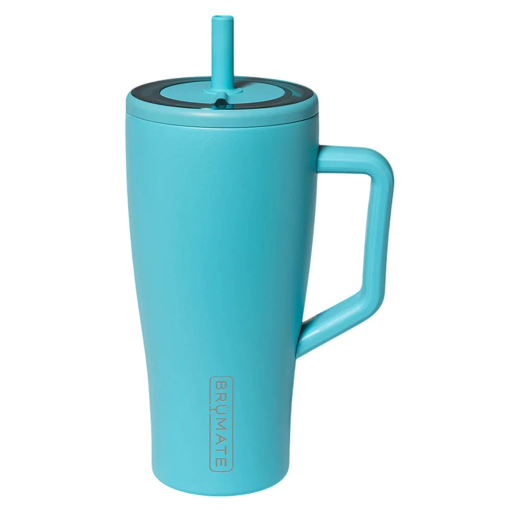 A turquoise blue insulated travel tumbler with a matching handle, lid, and straw, featuring the vertical BRUMATE logo near the bottom, set against a plain white background.