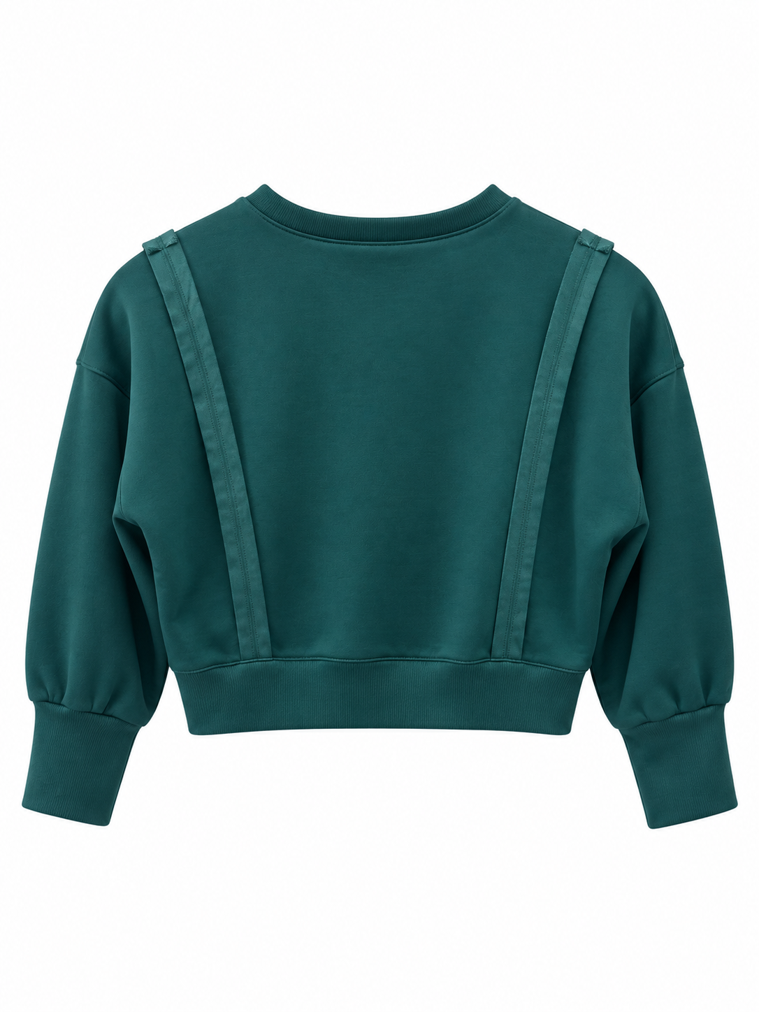 A dark teal green cropped sweatshirt with long balloon sleeves and structured shoulder straps, shown from the back on a plain white background.