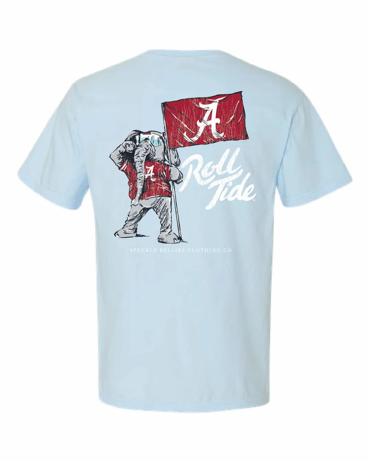 A light blue short-sleeve t-shirt shown from the back, featuring a graphic of the Alabama Crimson Tide mascot holding a red flag with a white letter 'A' and the words 'Roll Tide' in white script.