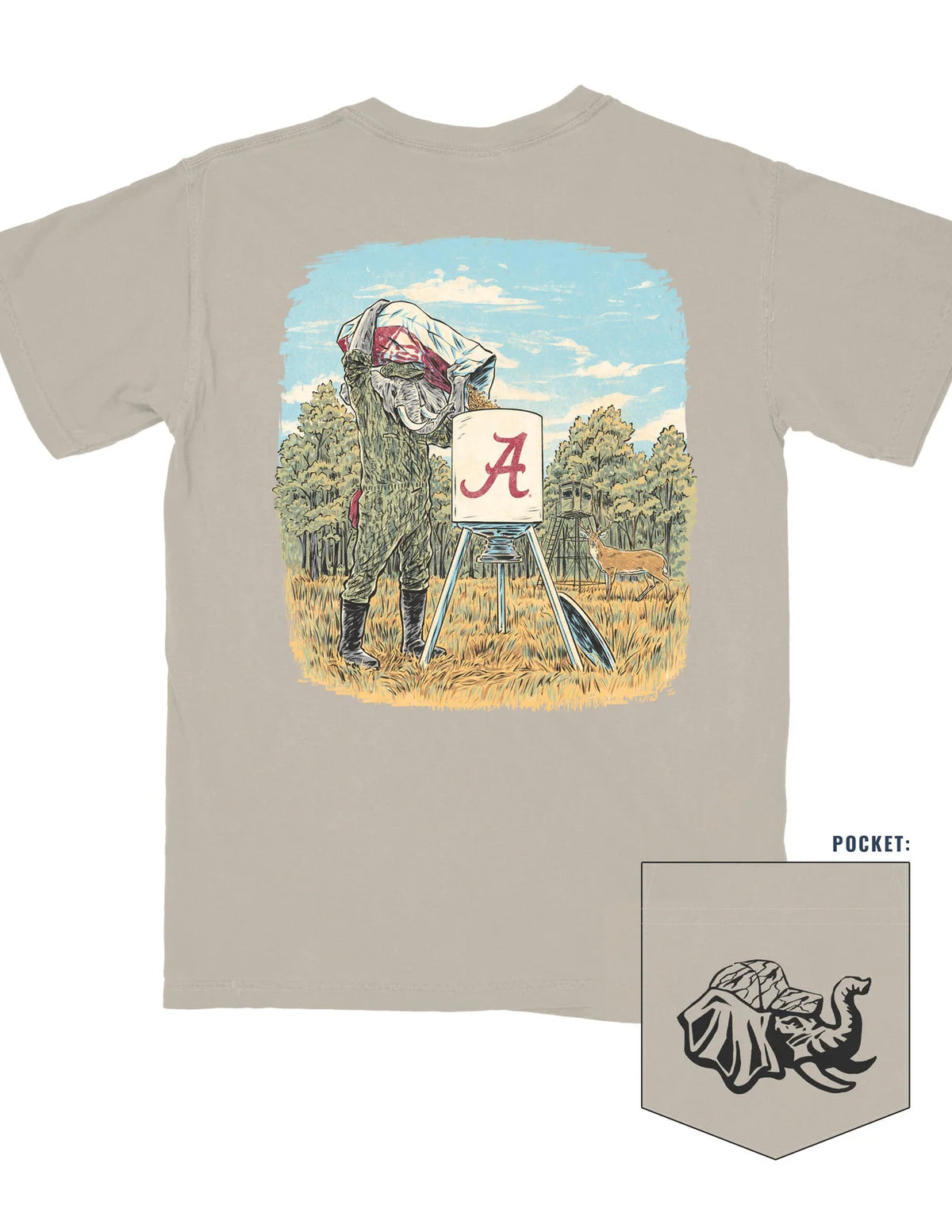 Beige t-shirt with a graphic of a person in a camouflage outfit and a sign with 'A' on a white background
