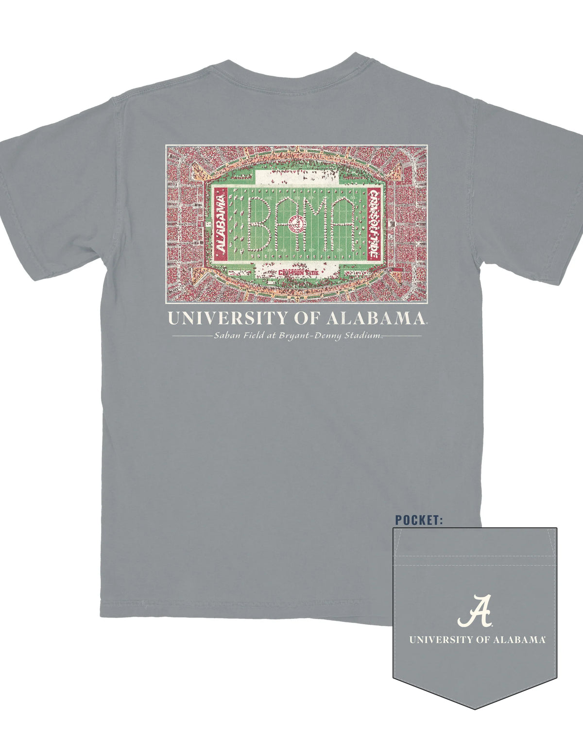 Gray t-shirt with University of Alabama logo and football stadium graphic on a white background