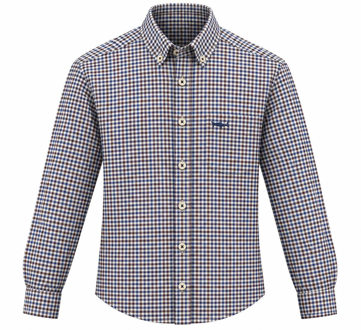 Close-up of a gingham button-down shirt with brown, blue, and white check pattern, featuring a chest pocket with a small blue whale logo and cream-colored buttons.