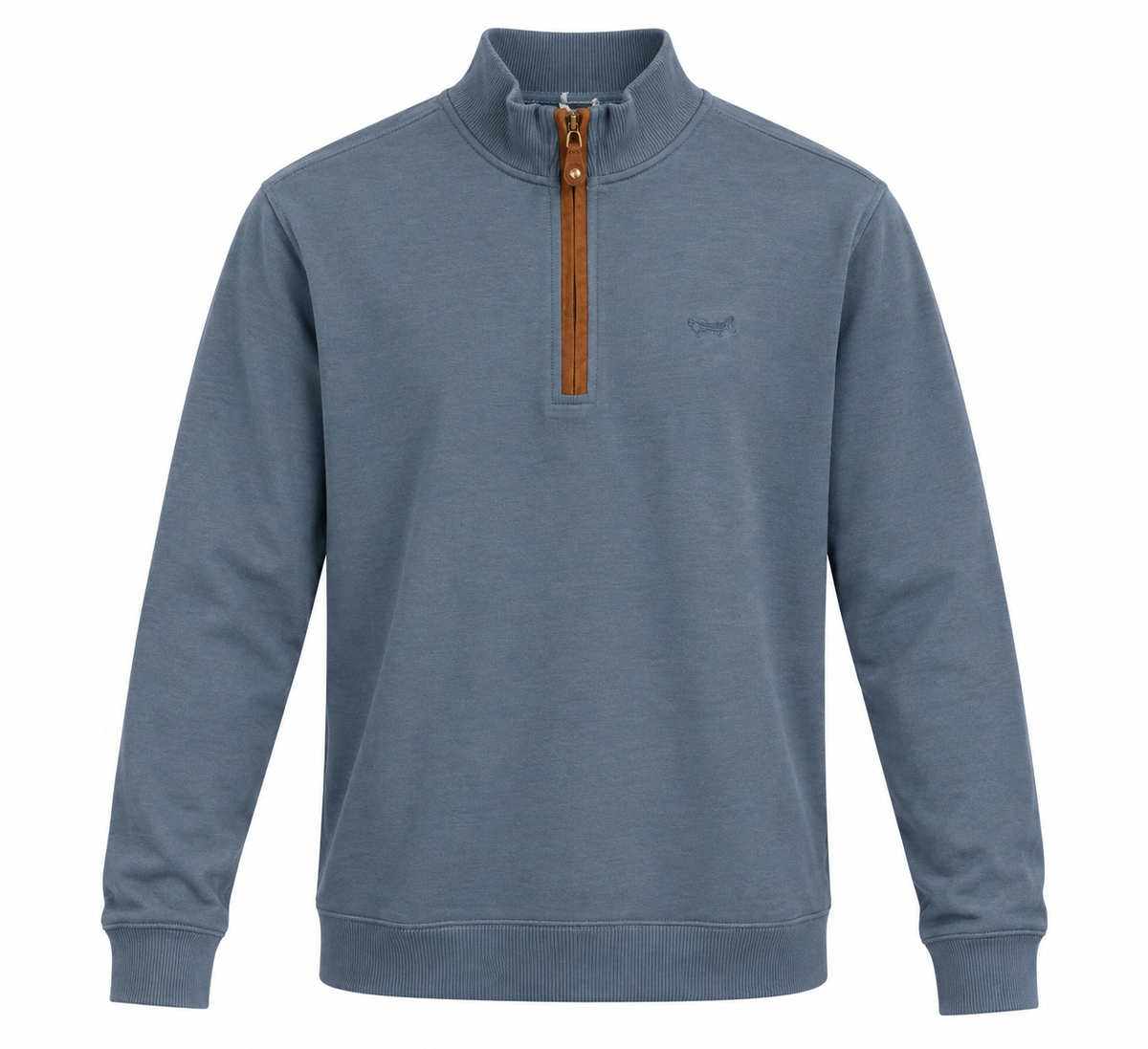 Blue grey quarter zip with white background