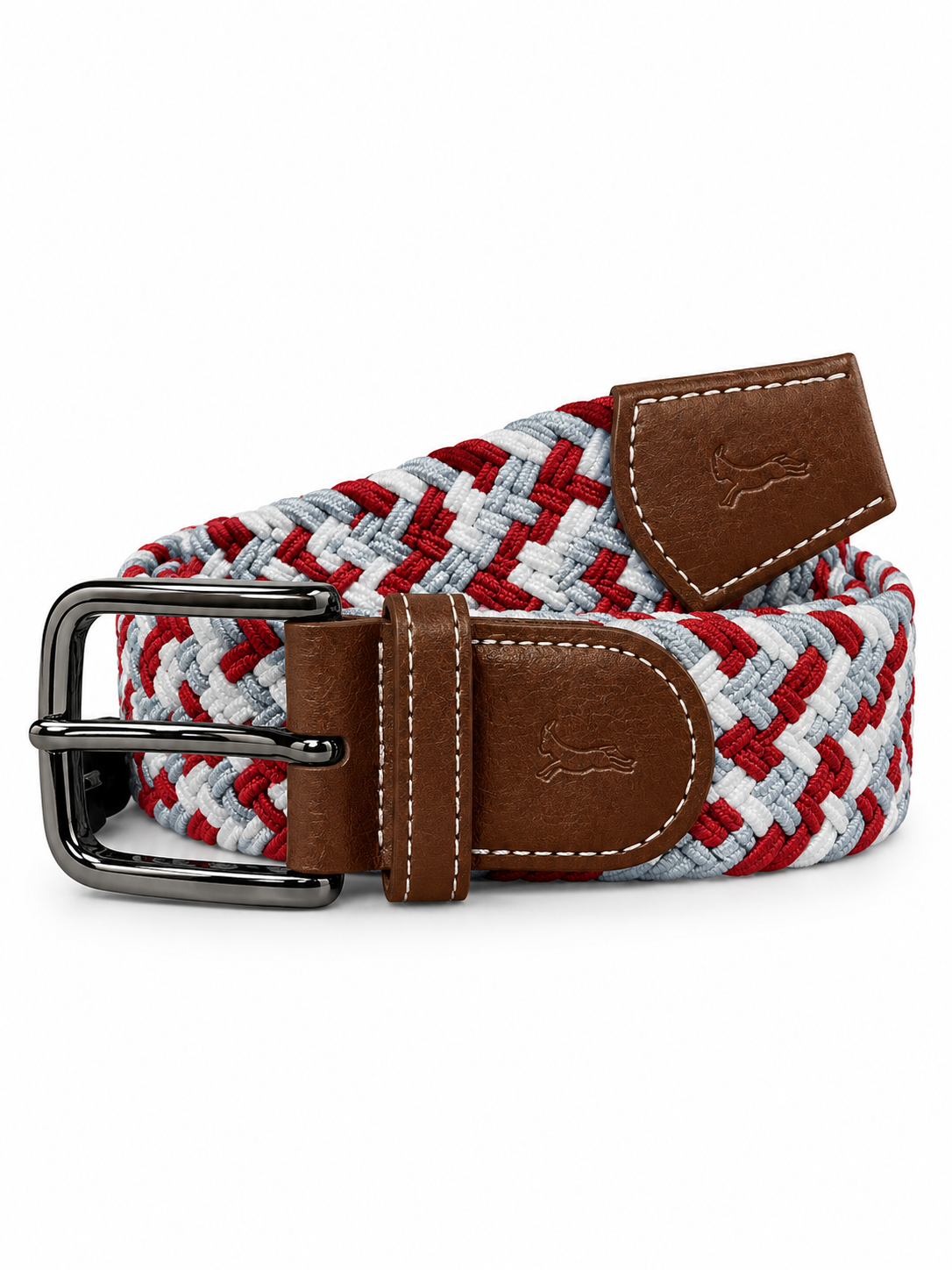 A woven elastic belt with a red, white, and light gray pattern, brown leather accents, and a silver-tone metal buckle, shown on a plain white background.