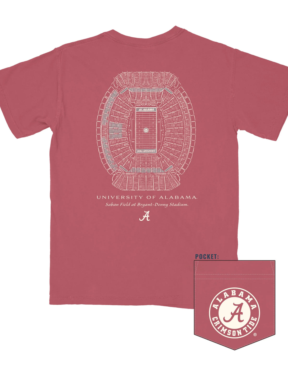 A dusty rose short-sleeve t-shirt featuring a white line-art graphic of the University of Alabama football stadium on the back, with 'University of Alabama' and the 'A' logo printed below. A pocket detail graphic is shown in the bottom right corner.
