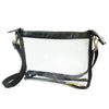Clear crossbody bag with black straps on a white background
