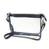 A clear plastic pouch bag with a navy blue faux-leather trim, gold-tone hardware, and a matching navy blue shoulder strap, shown on a plain white background.