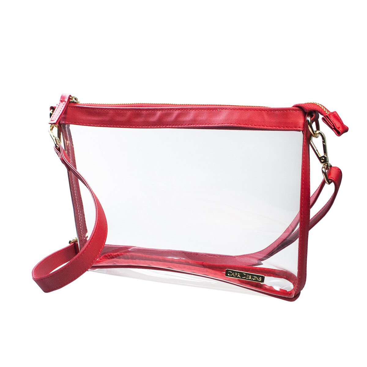 A clear plastic pouch bag with red leather trim, a red shoulder strap, and gold-tone hardware, shown on a plain white background.