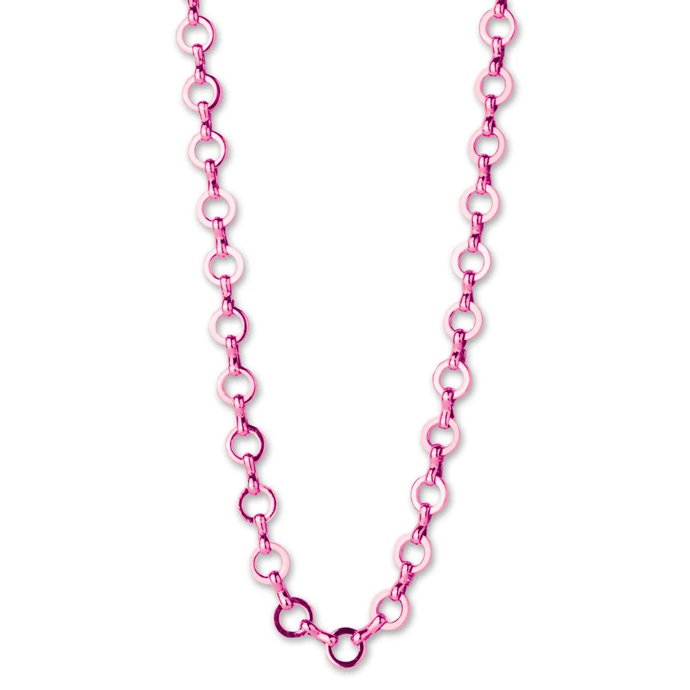 A vibrant pink metal link chain necklace with alternating large and small circular links, displayed against a solid white background.
