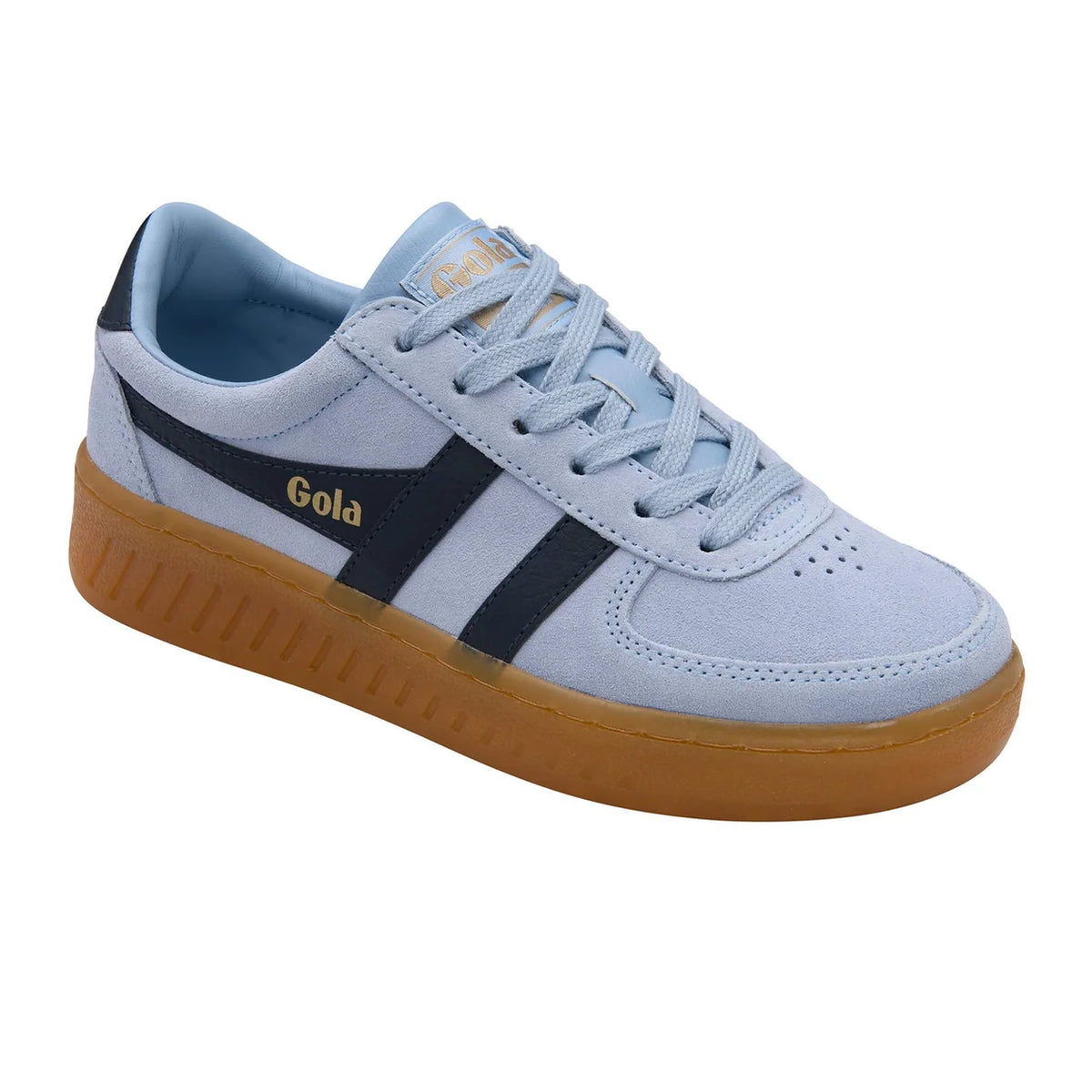 A light blue suede sneaker with navy blue side stripes, gold 'Gola' branding, and a brown gum sole, shown on a plain white background.
