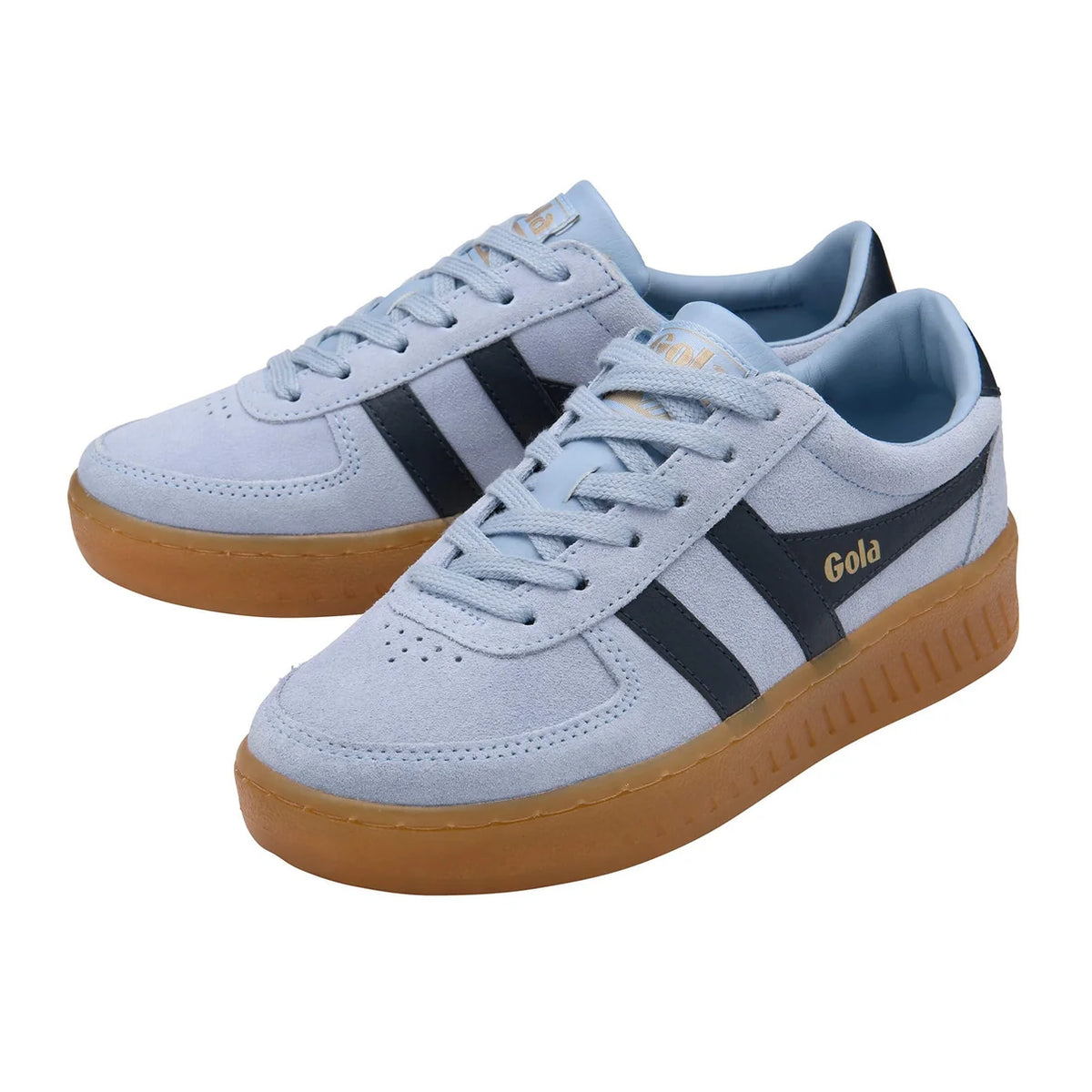 A pair of light blue suede sneakers with dark navy side stripes, a gum brown sole, and gold 'Gola' branding on the side and tongue.