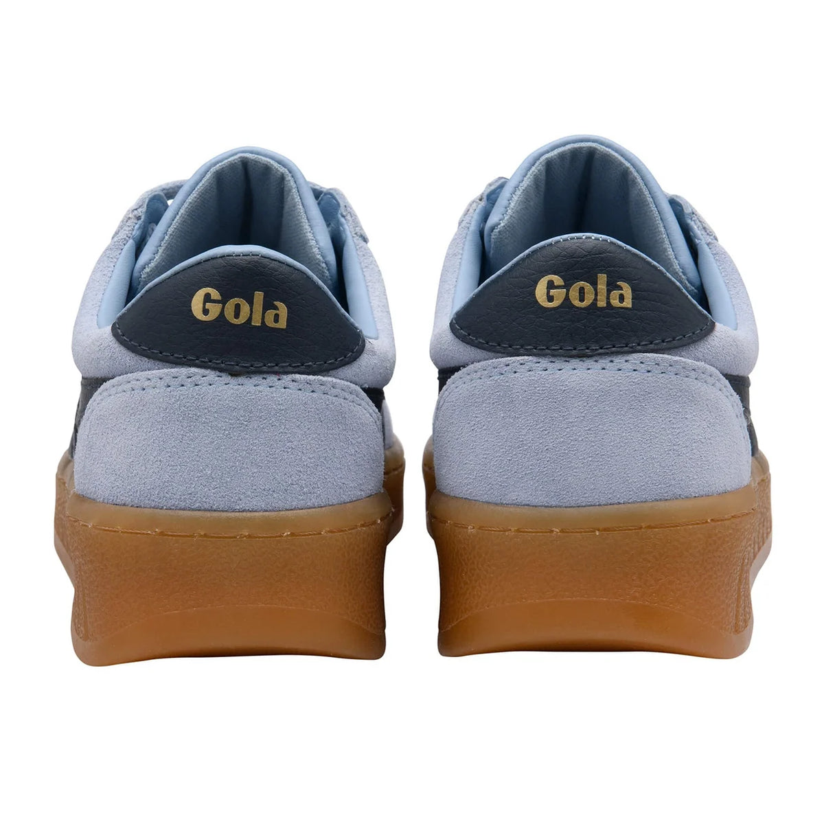 A pair of light blue suede sneakers shown from the back, featuring a dark blue heel tab with gold 'Gola' branding and a brown gum sole.