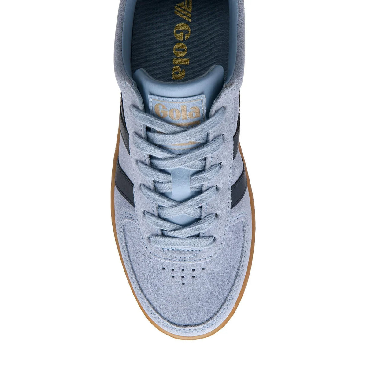 A top-down view of a light blue suede sneaker with dark navy side stripes, a light blue laces, and a brown gum sole, on a white background.