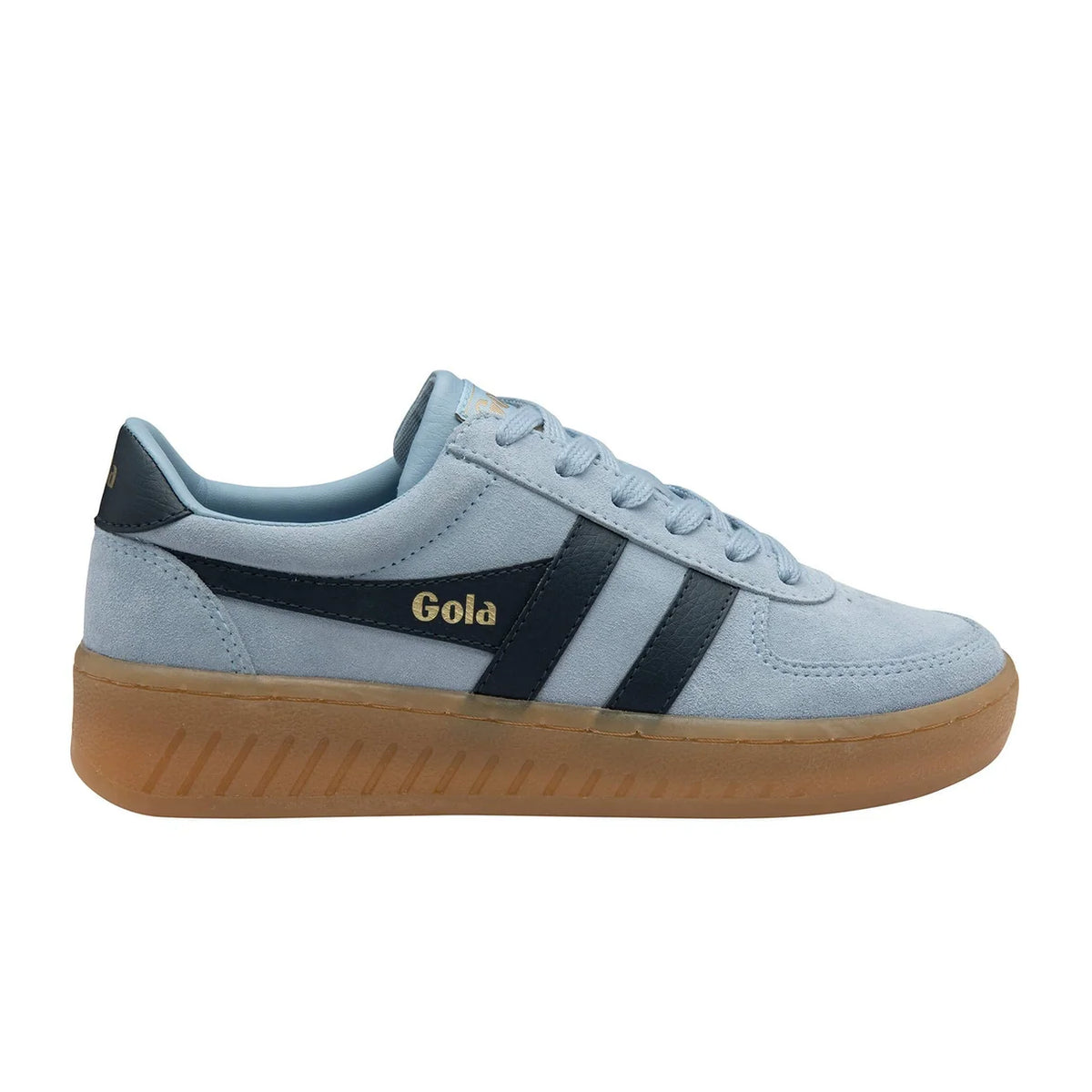 A light blue suede sneaker with dark navy blue side stripes, a gold 'Gola' logo on the side, and a brown gum sole, shown against a plain white background.