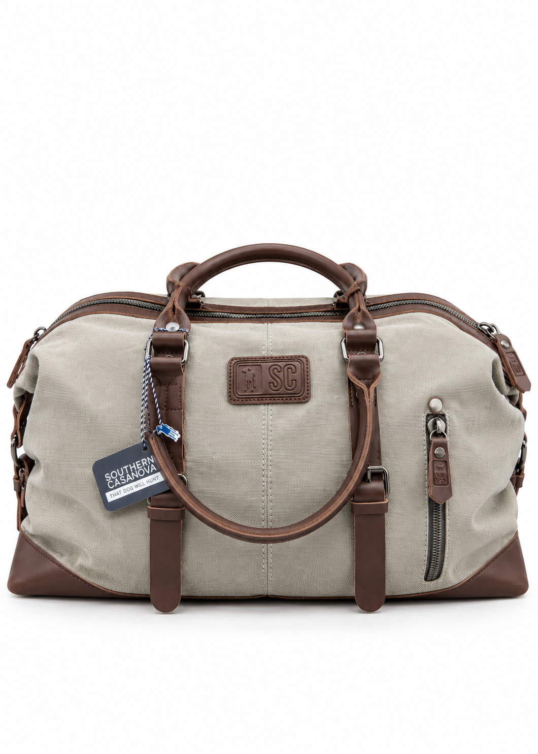A canvas duffel bag in beige and brown, featuring a top handle, a vertical zippered pocket on the side, and a brown leather patch with the embossed letters 'FSC'.