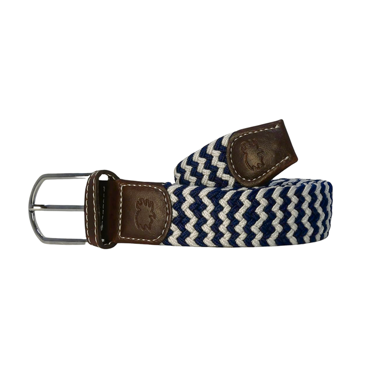 Blue and beige pattern woven belt with brown hardware on a white background. 