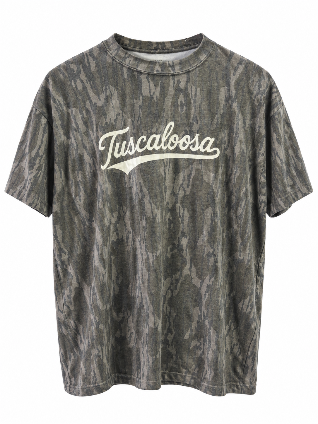 A short-sleeve crewneck t-shirt featuring a distressed, faded gray and brown camouflage pattern with 'Tuscaloosa' printed in white script across the chest.