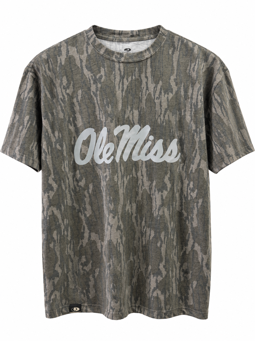 A short-sleeve crewneck t-shirt featuring an all-over gray and brown camouflage pattern with 'OleMiss' printed in white script across the chest.