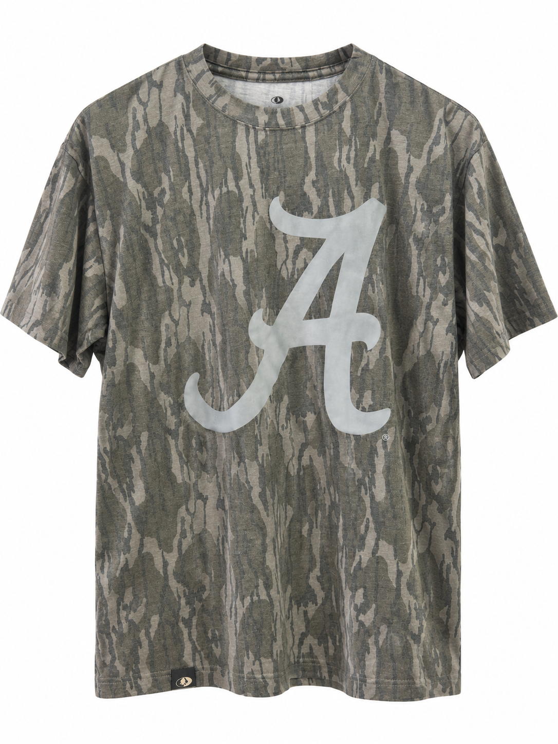 A short-sleeve crewneck t-shirt featuring a distressed camouflage pattern in olive green, brown, and gray, with a large white script letter 'A' printed on the front.