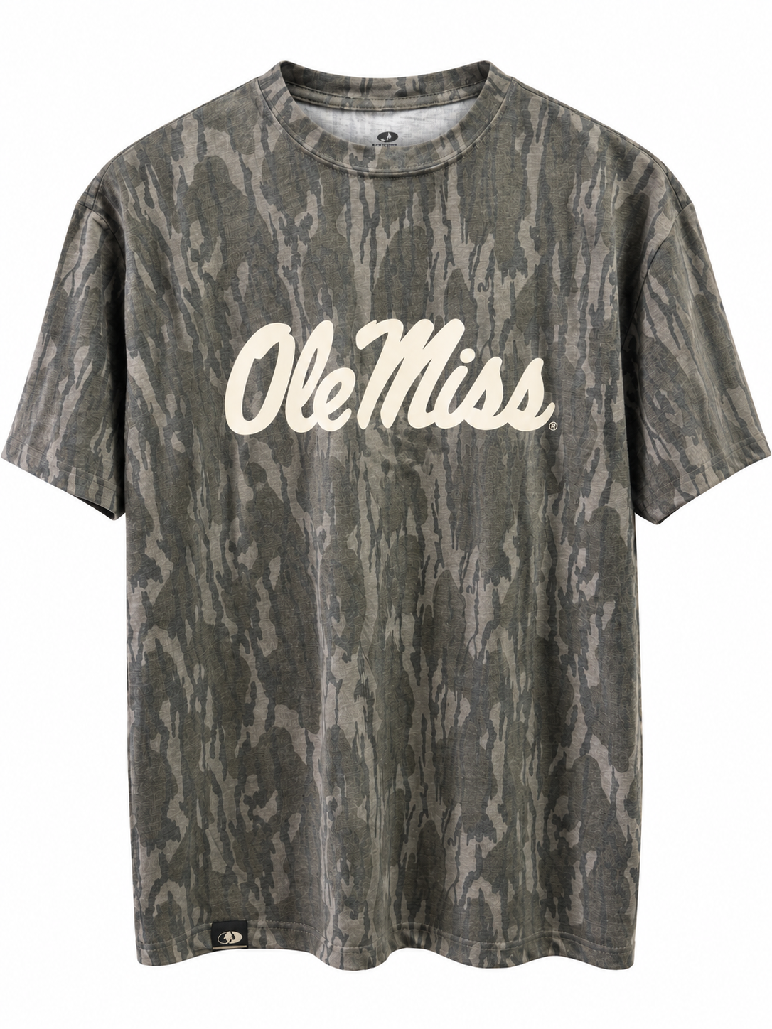 A short-sleeve crewneck t-shirt featuring a distressed, mottled gray and olive green camouflage pattern with 'OleMiss' printed in white script across the chest.