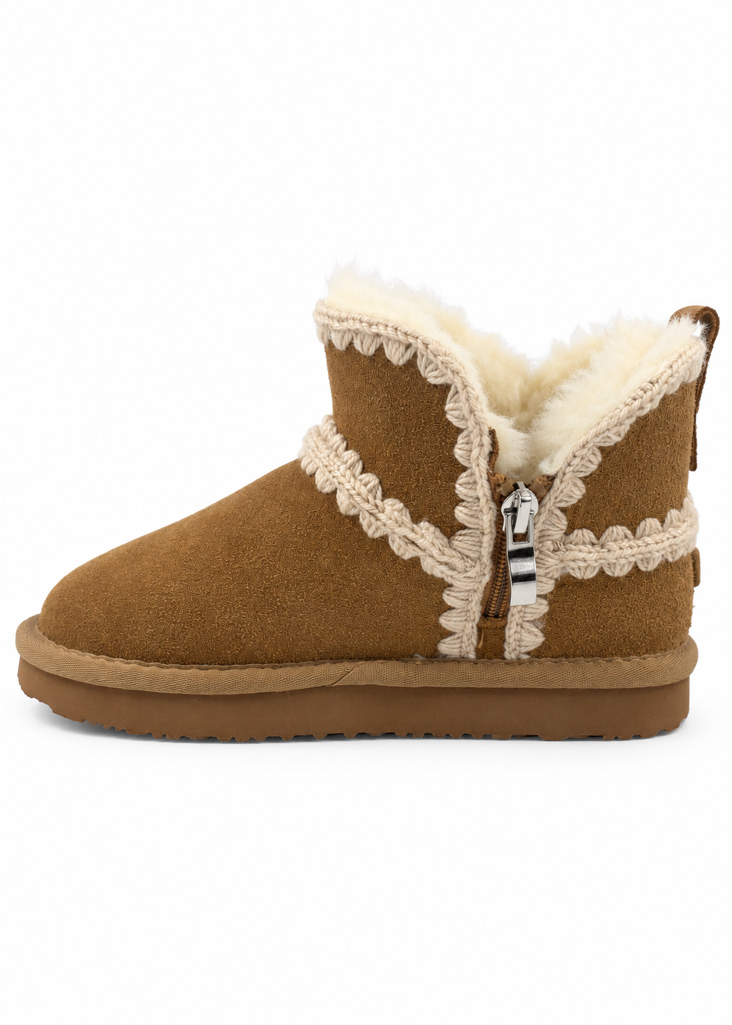 A brown suede ankle boot with a cream-colored faux fur lining, decorative cream lace trim, and a side zipper, shown from a side profile view on a white background.