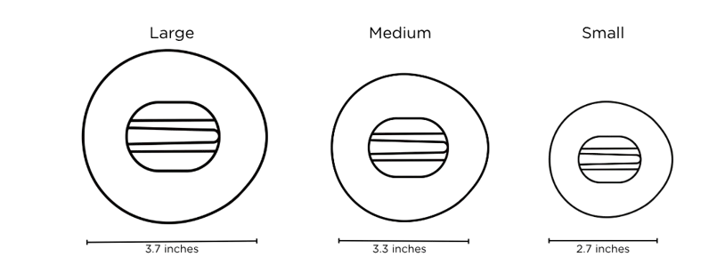A size comparison chart showing three oval-shaped designs labeled Large, Medium, and Small, with width measurements of 3.7 inches, 3.