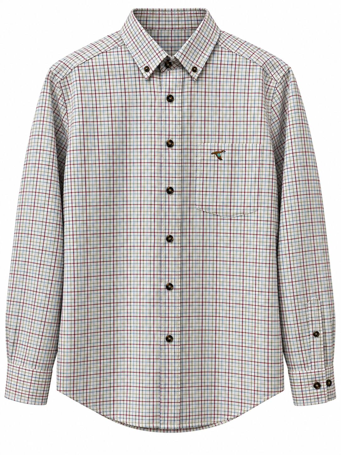 A long-sleeve button-down shirt with a fine red and green plaid pattern on a white base, featuring a chest pocket with a small embroidered bird logo.