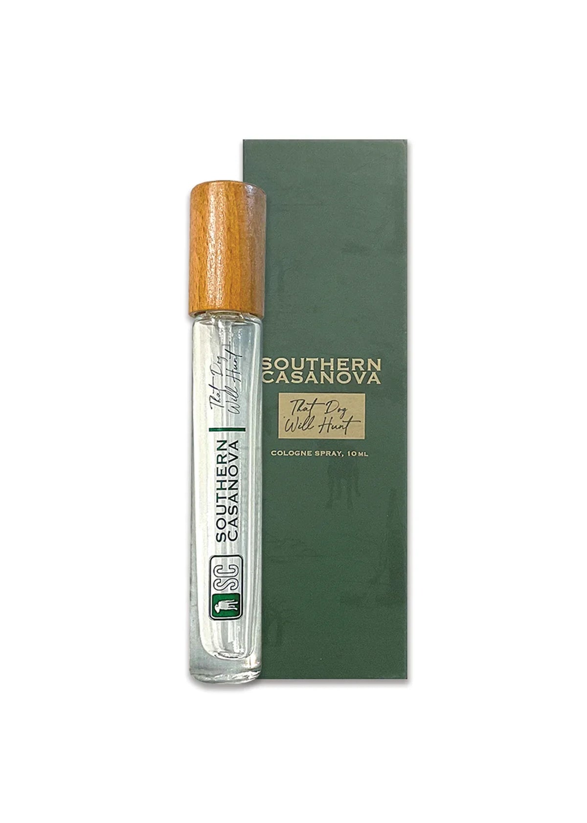 Southern Casanova cologne spray bottle with a light wood cap, shown next to its dark green packaging box on a white background.
