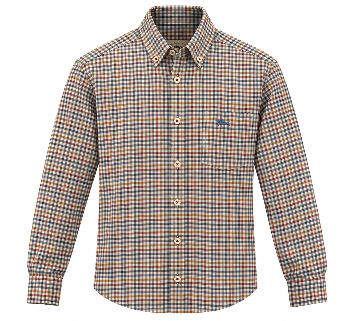 Close-up of a plaid button-up shirt fabric with a chest pocket and visible blue embroidered logo thread.
