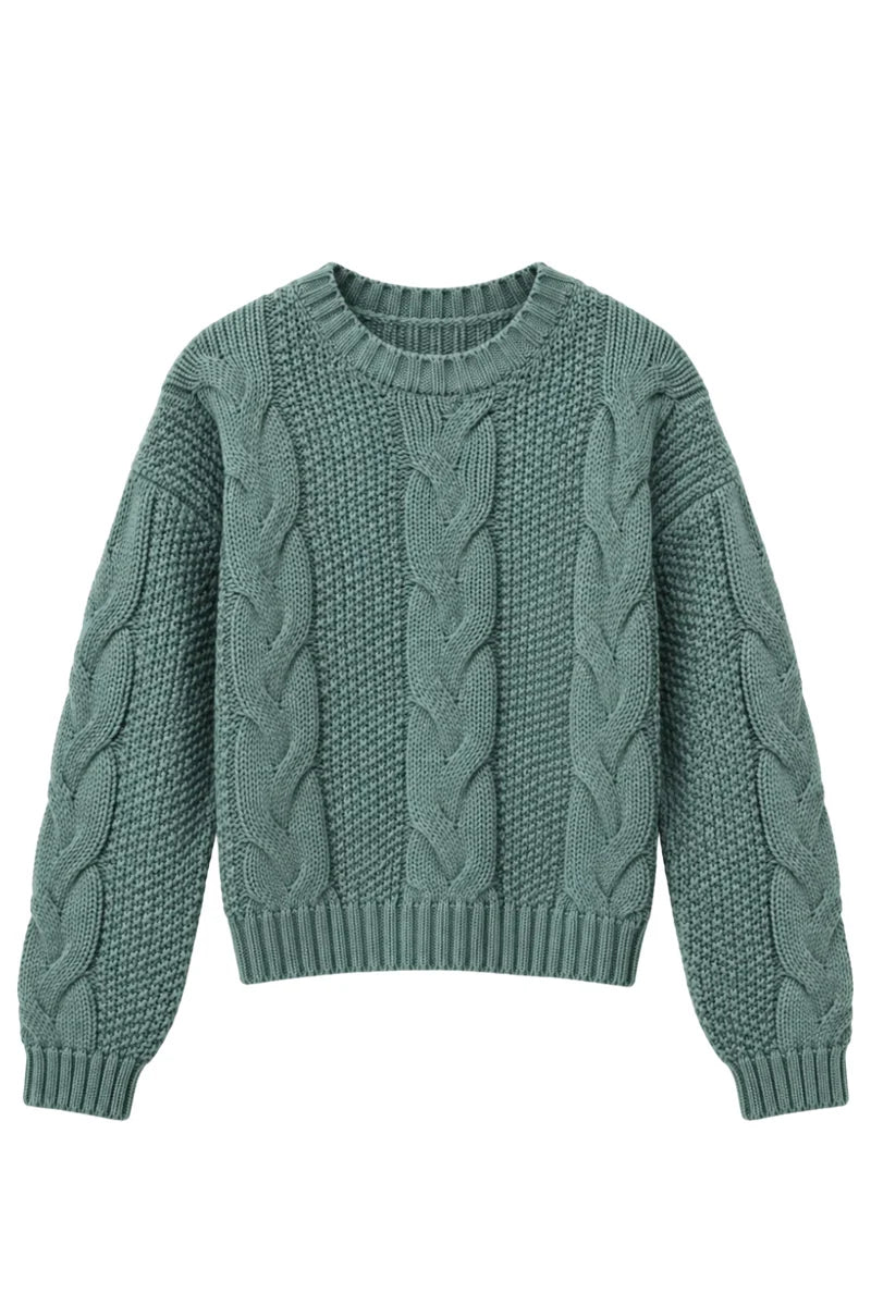 teal cable knit sweater on white background
