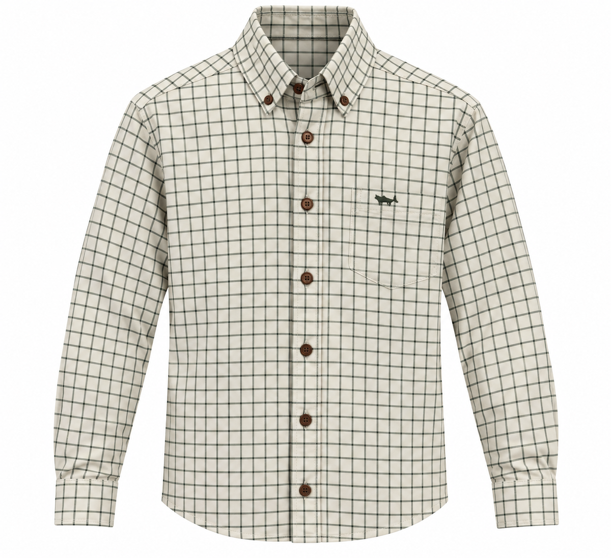 Close-up of a white shirt with a dark green windowpane check pattern, featuring a chest pocket with a small embroidered fish logo and brown buttons.