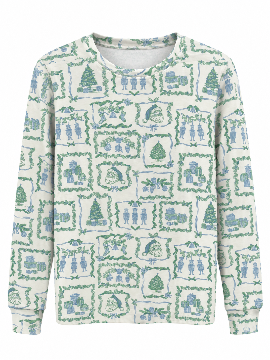 A long-sleeve crewneck sweatshirt featuring an all-over toile-style print with green borders and blue holiday illustrations, including Christmas trees, figures, and ornaments, on an off-white background.