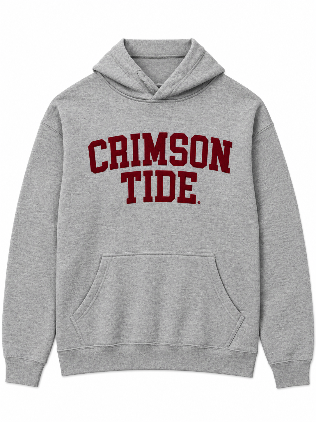A heather gray pullover hoodie with 'CRIMSON TIDE' printed in dark red arched block letters across the chest, displayed on a clean white background.