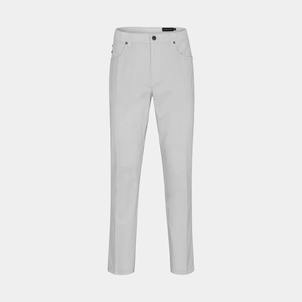 A pair of light gray slim-fit jeans shown flat against a light gray background.