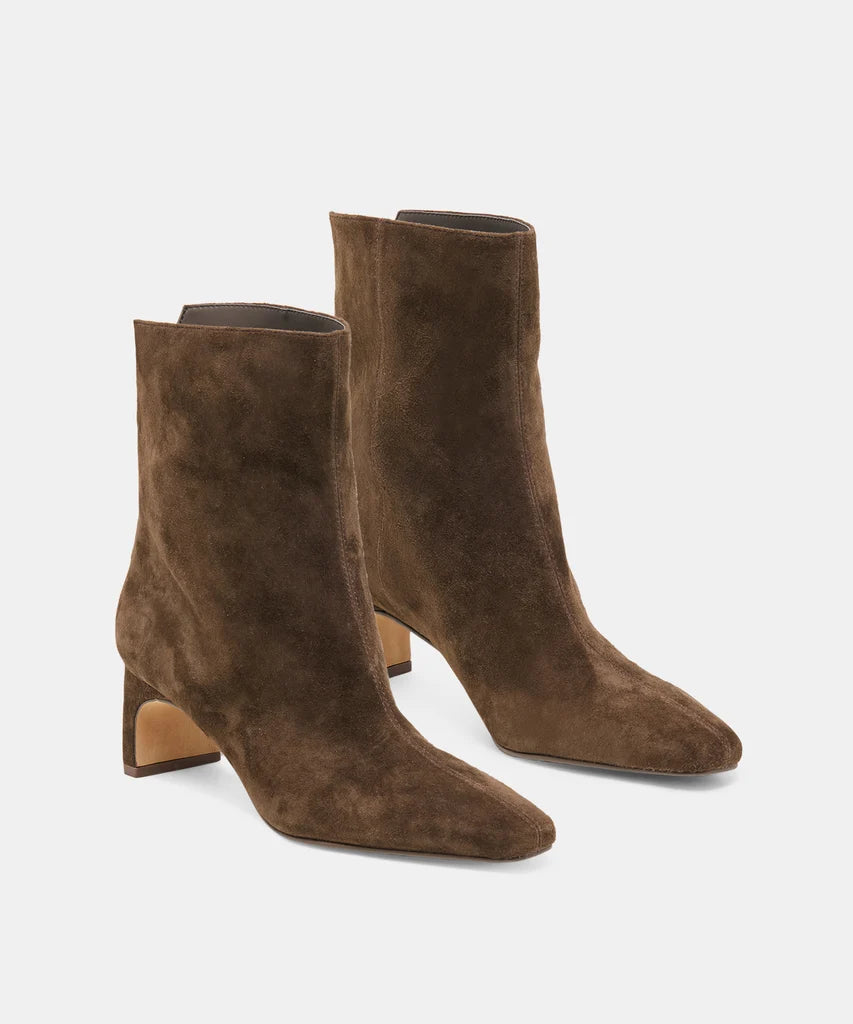 brown suede booties on a white background