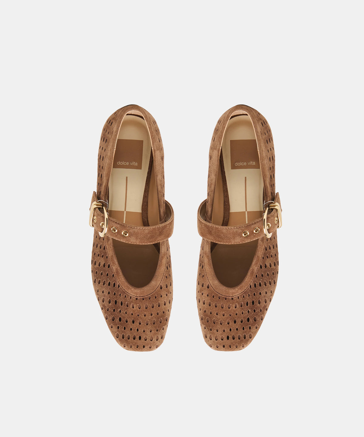 Brown suede Mary Jane flats featuring perforated detailing and an adjustable gold-tone buckle strap.