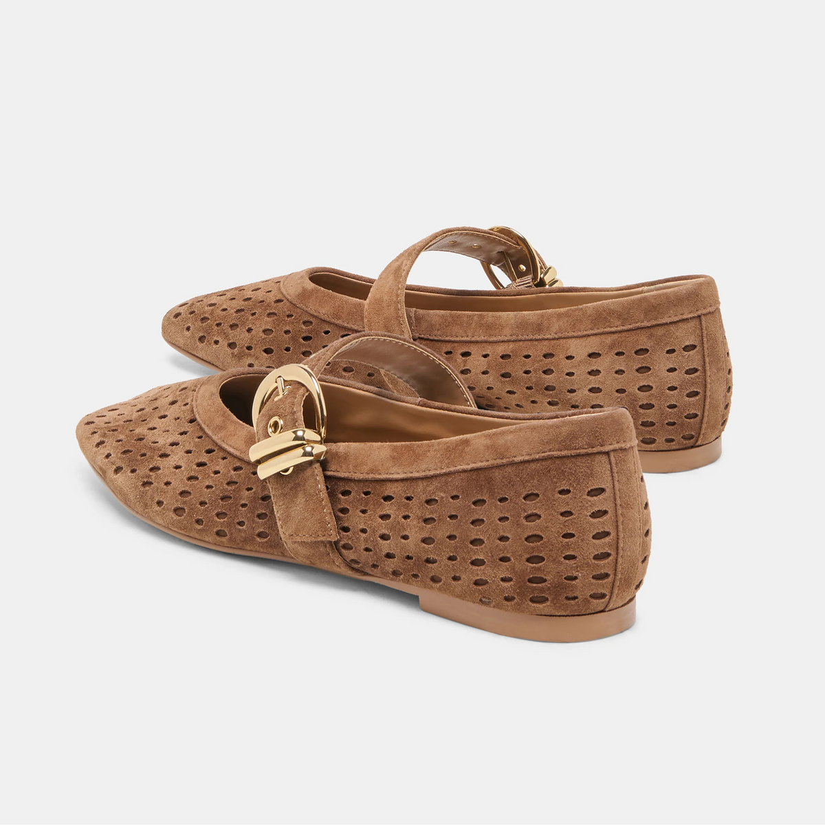 Brown suede Mary Jane flats featuring perforated detailing and an adjustable gold-tone buckle strap.