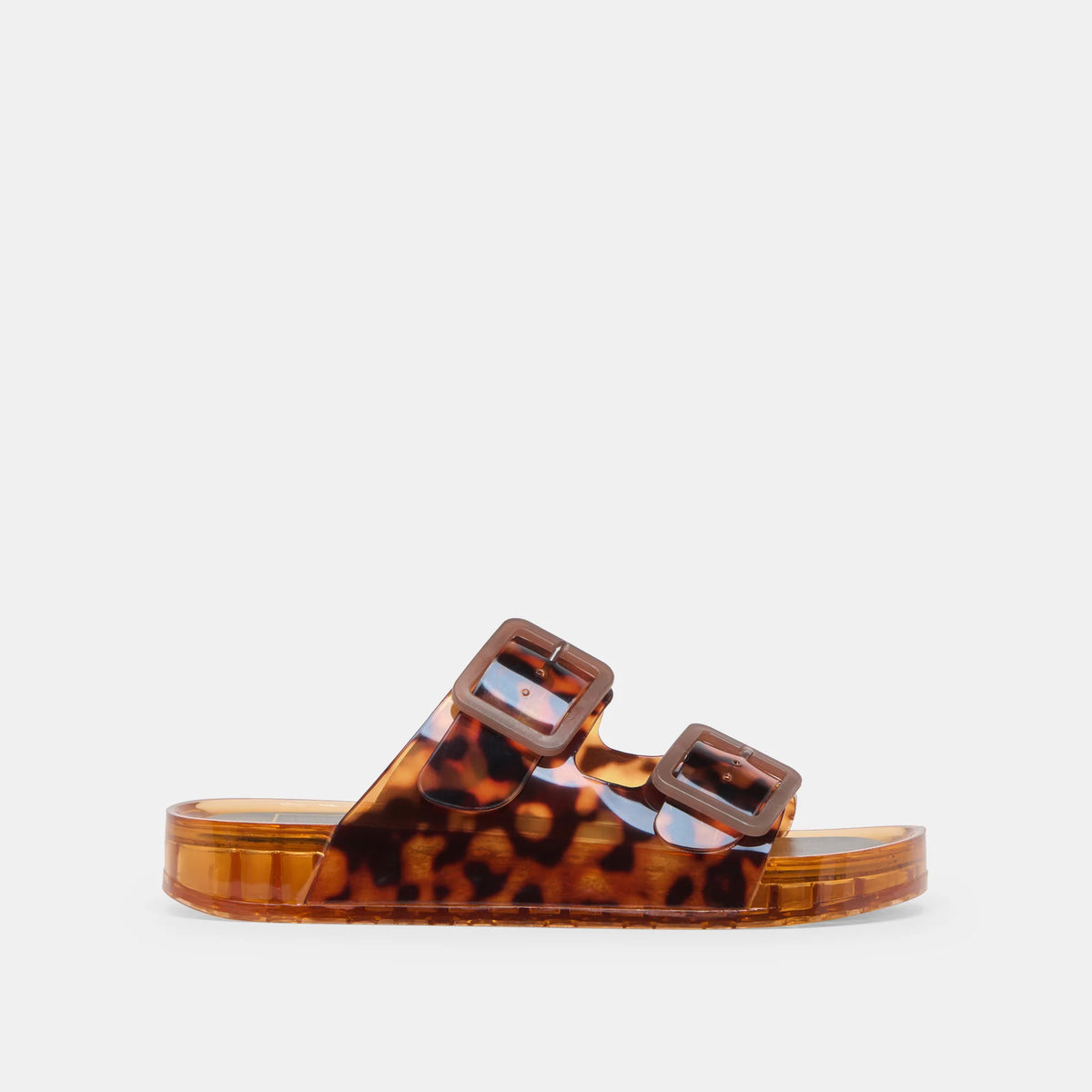 Tortoiseshell jelly sandal with brown buckles on a light gray background