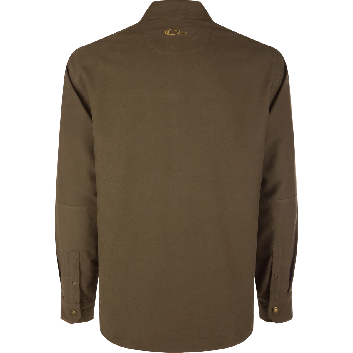 The back view of a brown long-sleeve button-down shirt with a small embroidered logo on the inner neck and buttoned cuffs, shown on a solid white background.
