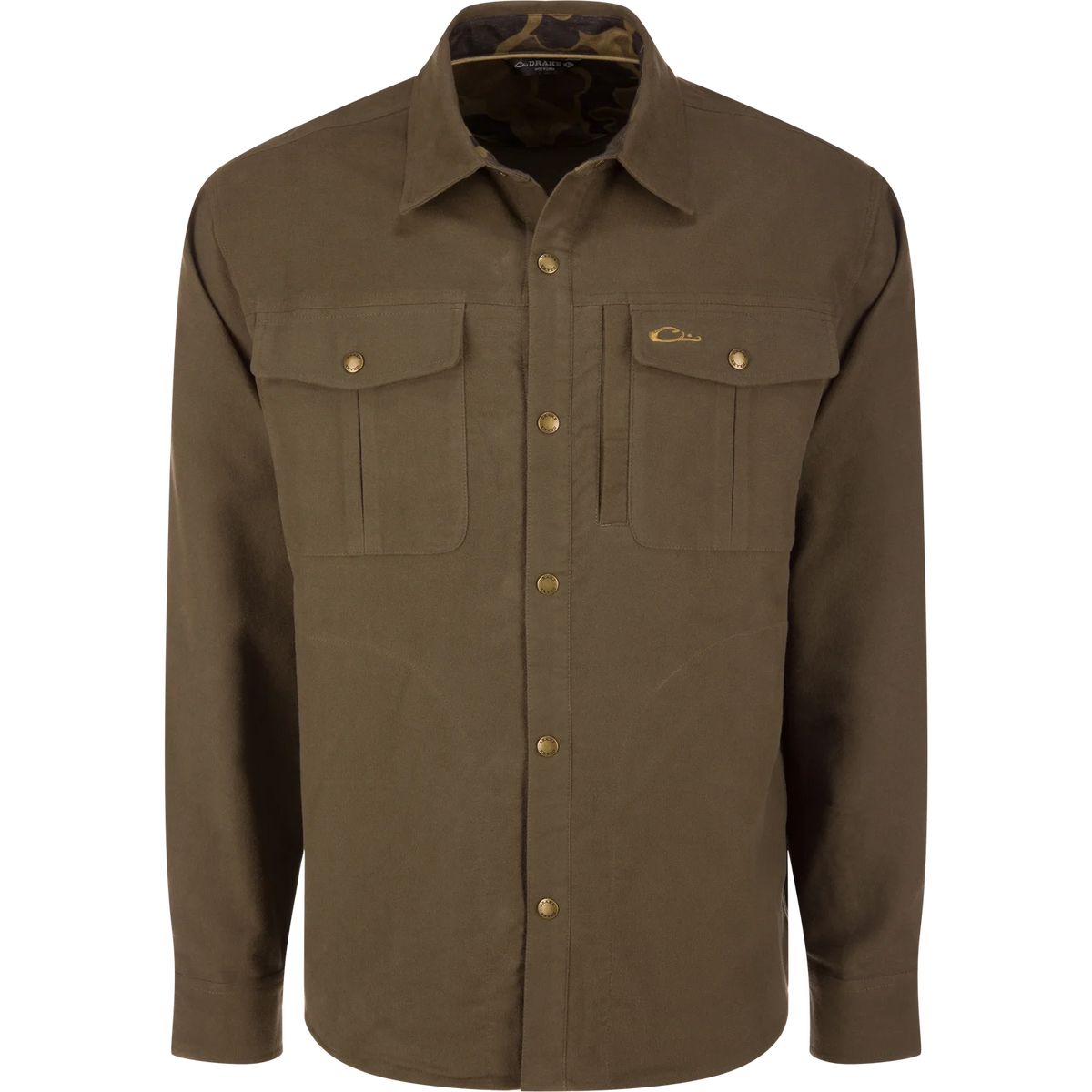 An olive brown long-sleeve button-down shirt with two buttoned chest pockets, displayed on a clean white background.