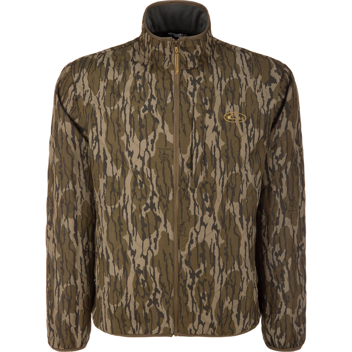 A men's zip-up jacket featuring a vertical bark-style camouflage pattern in shades of brown, tan, and olive green. It has a high collar, a full-length front zipper, and a small oval logo patch on the left chest.