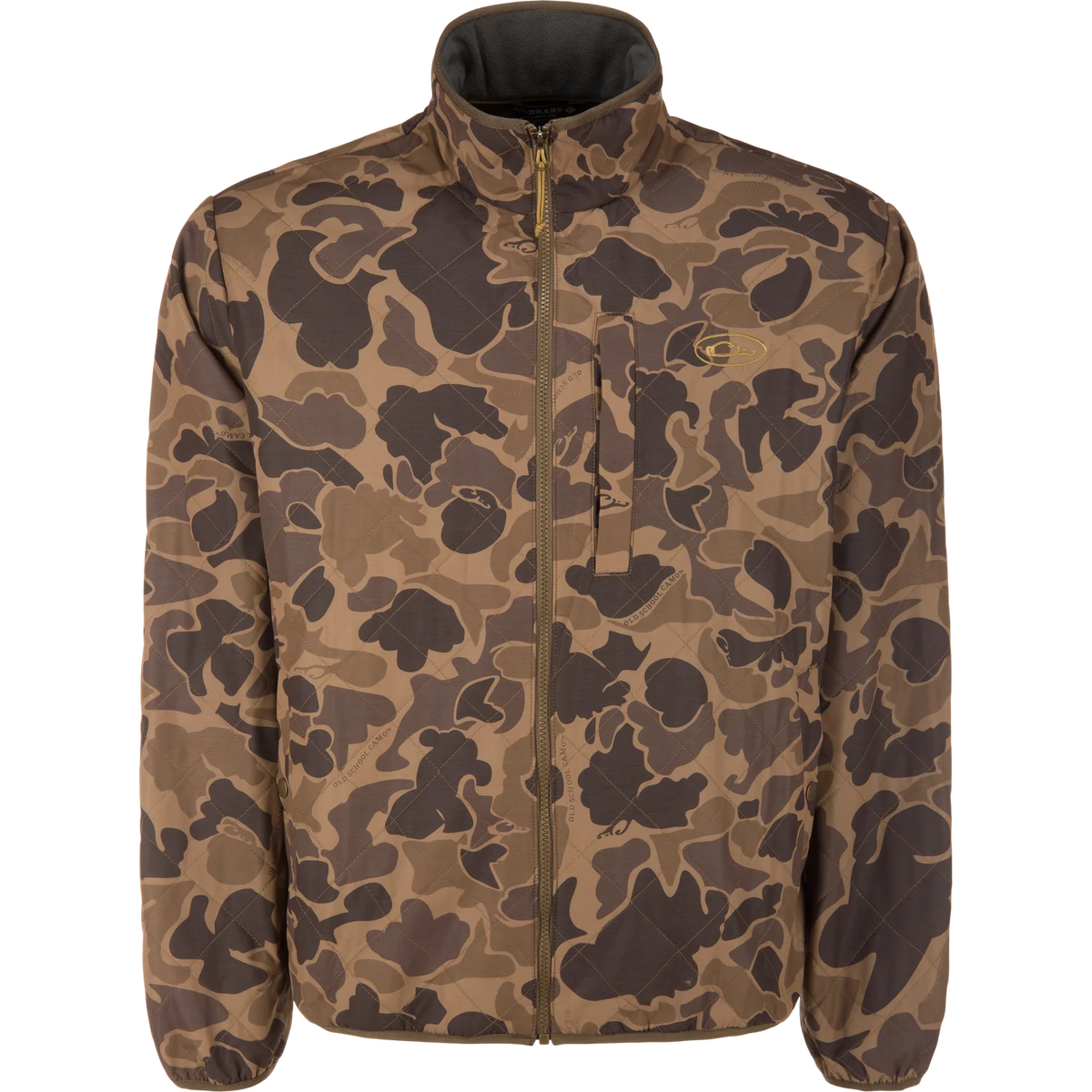 A men's quilted zip-up jacket featuring a brown and tan camouflage pattern, shown against a plain white background.