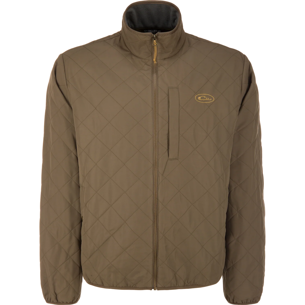 A quilted zip-up jacket in olive brown with a diamond-stitched pattern, featuring a stand-up collar, a vertical chest pocket, and a small oval logo on the left chest.