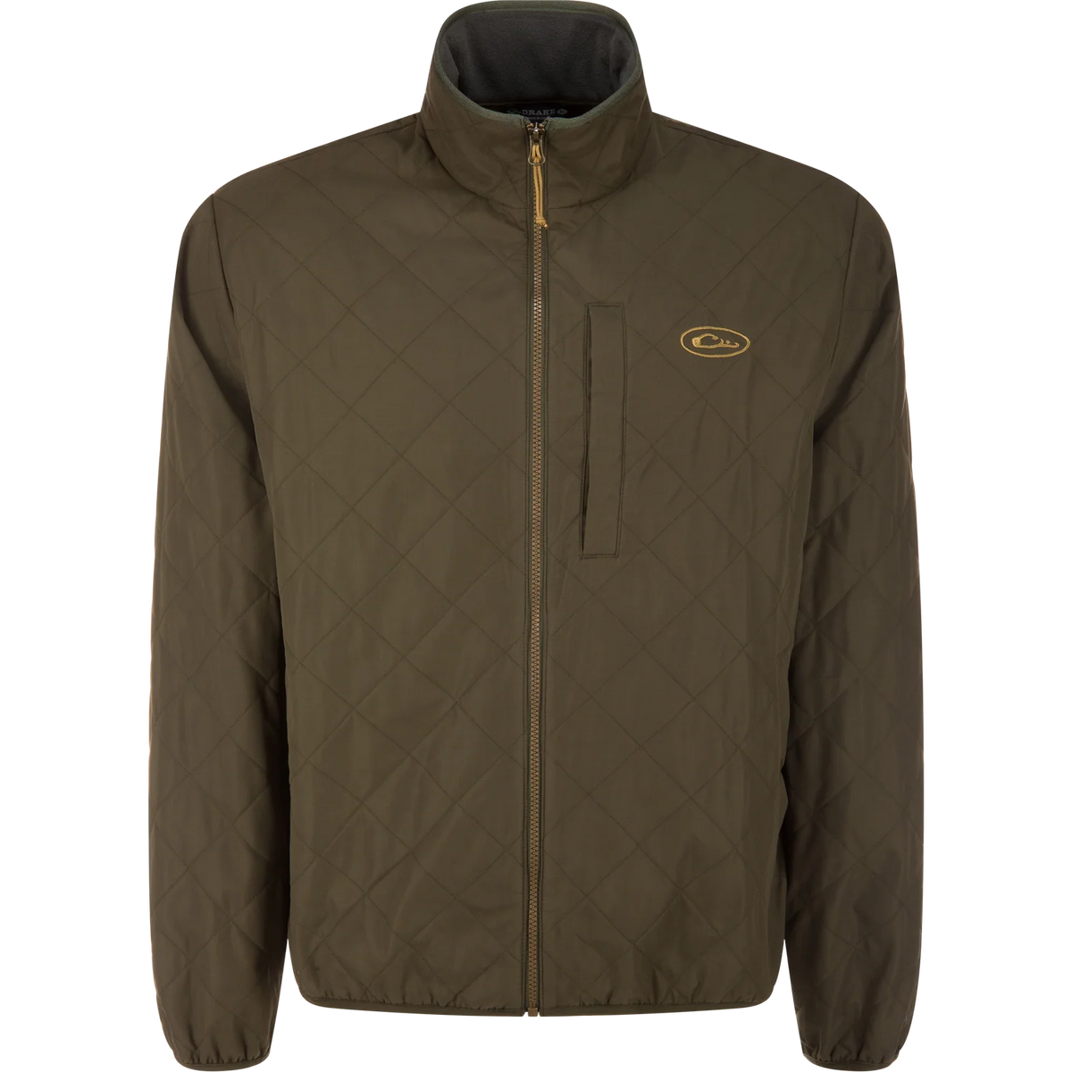An olive green quilted jacket with a full-zip front, stand-up collar, and a small oval logo patch on the left chest, shown against a plain white background.