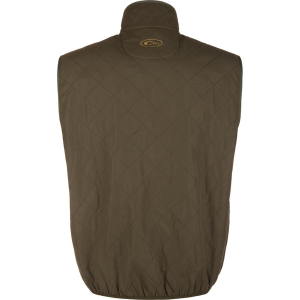 An olive green quilted vest with a high collar and a small oval logo on the back neck, shown against a plain white background.