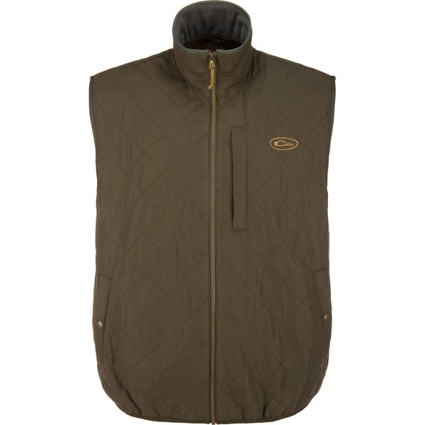 An olive green quilted zip-up vest with a stand-up collar and a small oval logo on the left chest, shown against a plain white background.