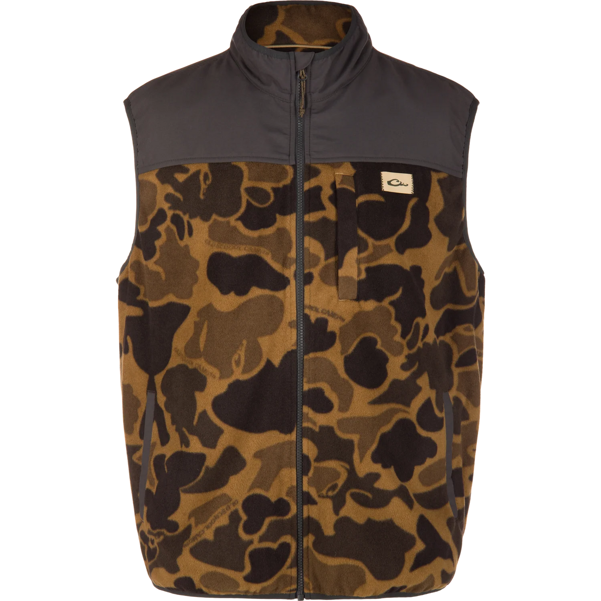 A sleeveless zip-front vest with a brown and black camouflage pattern on the lower body and a solid dark gray upper yoke, featuring a small rectangular logo patch on the chest pocket.