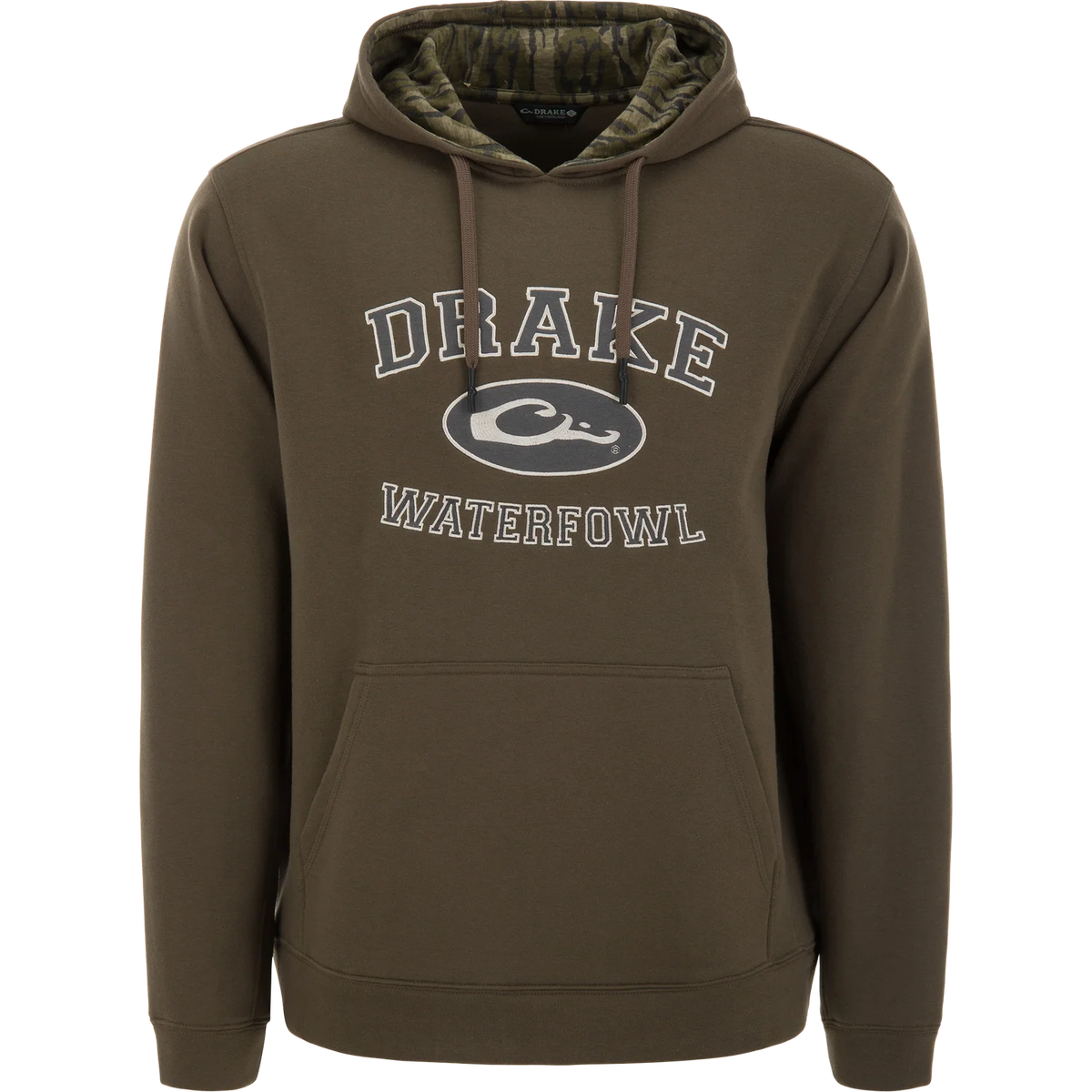 An olive brown hoodie featuring a camouflage-lined hood and a front graphic that reads 'DRAKE WATERFOWL' with the Penn State Nittany Lions logo.