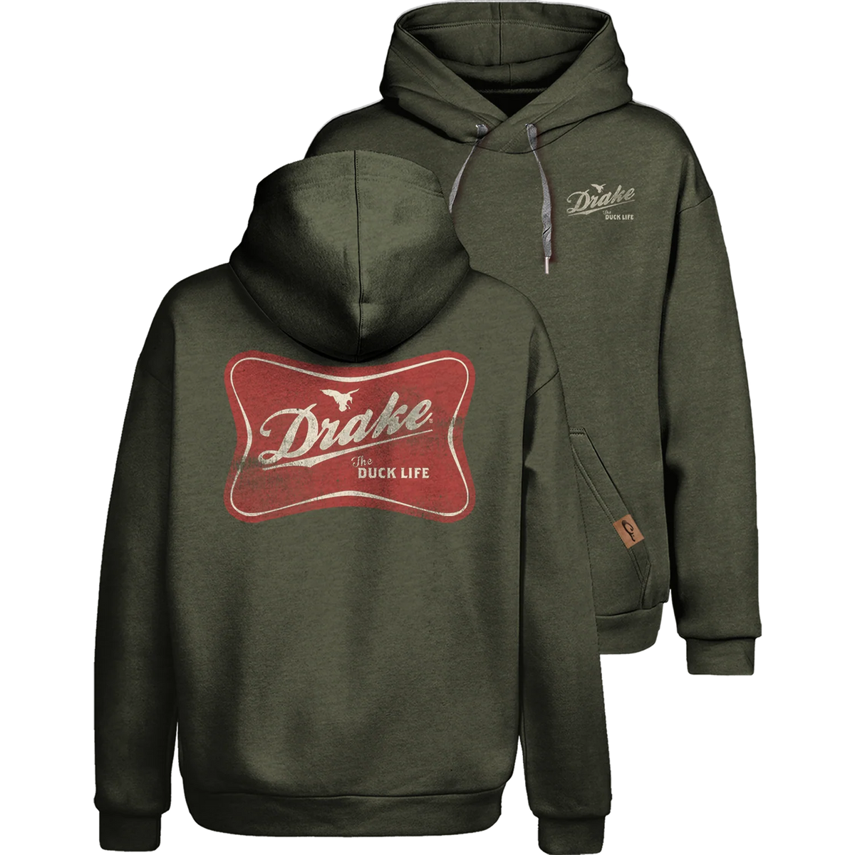 An olive green pullover hoodie shown from both the front and back. The back features a large red vintage-style logo with white script reading 'Duke' and 'DUCK LIFE'.
